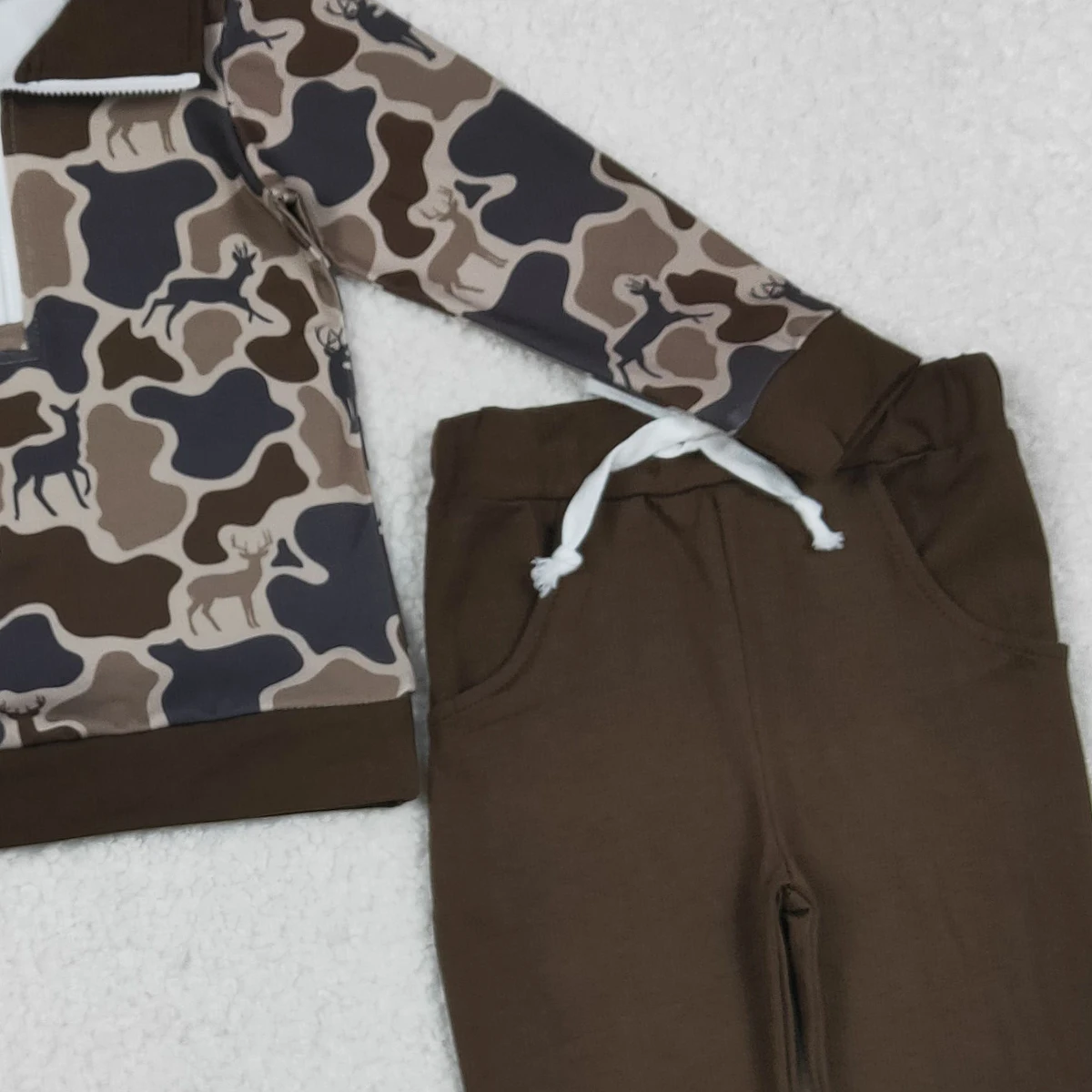 طفل الفتيان الغزلان كامو الرمز البريدي السترة مع جيوب طويلة الأكمام البني ركض السراويل مجموعة للصيد #5