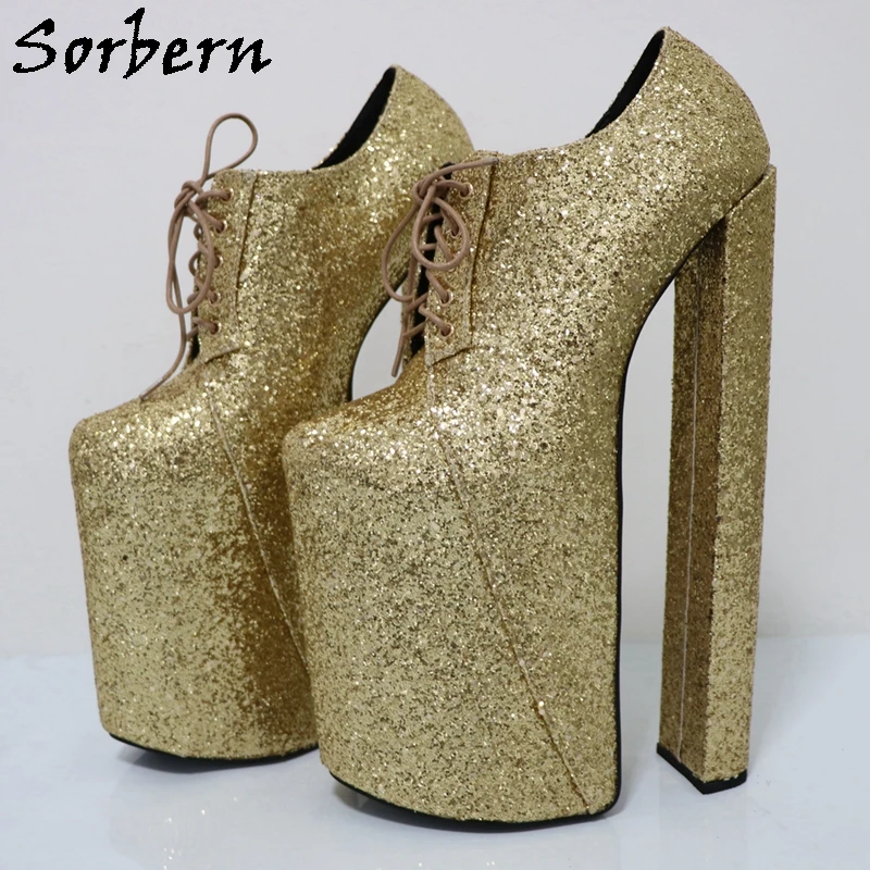 

Sorbern Gold Glitter Drag Queen Shoes For Women Fetish Style 30Cm Super High Heels Hidden Platform Lace Up Shoes Custom