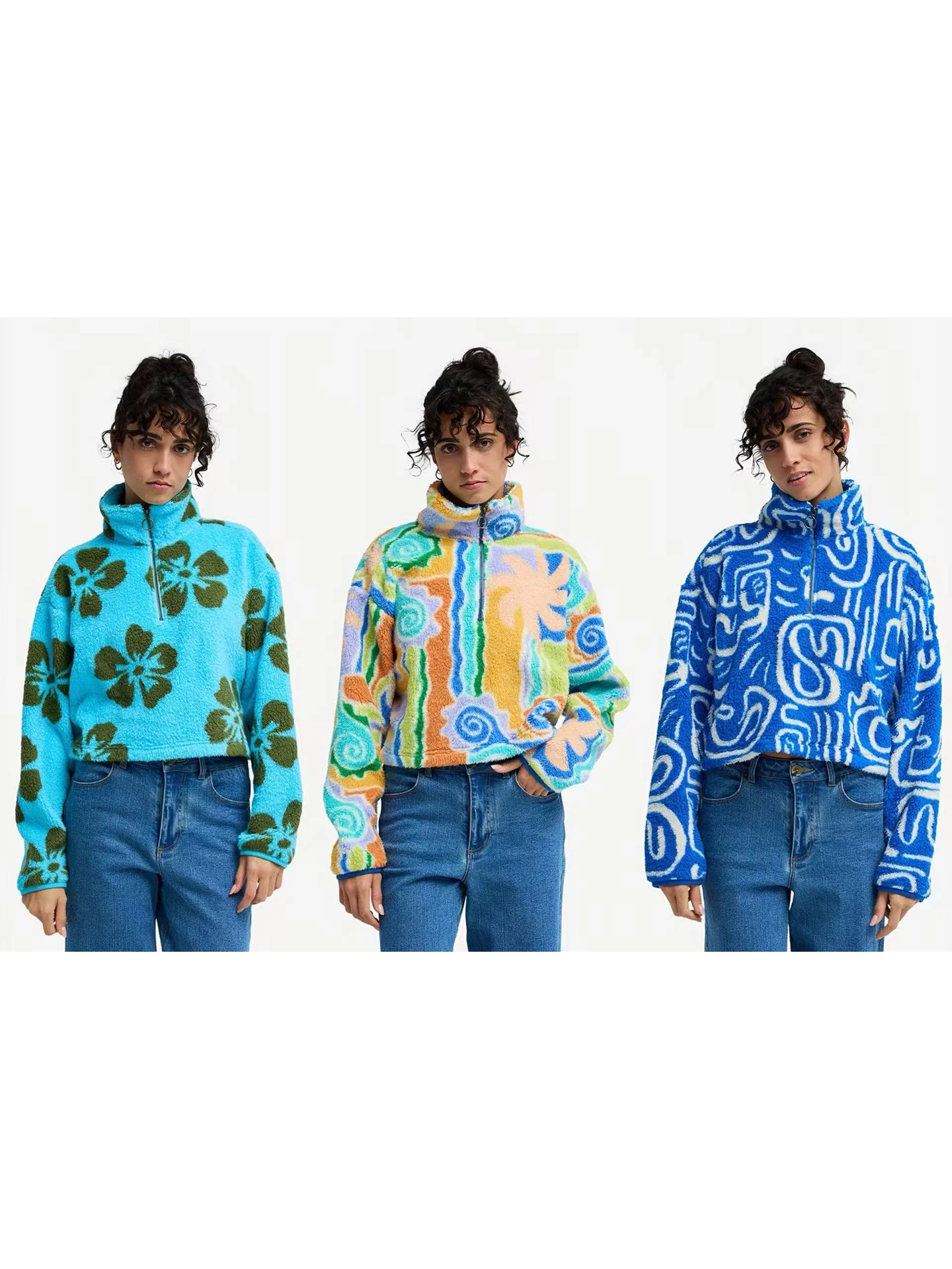 

Holiday Flower Language Short Half Zip Fleece Lamb Velvet Sweatshirt Loose Fit Long Sleeve Women's Casual Wear