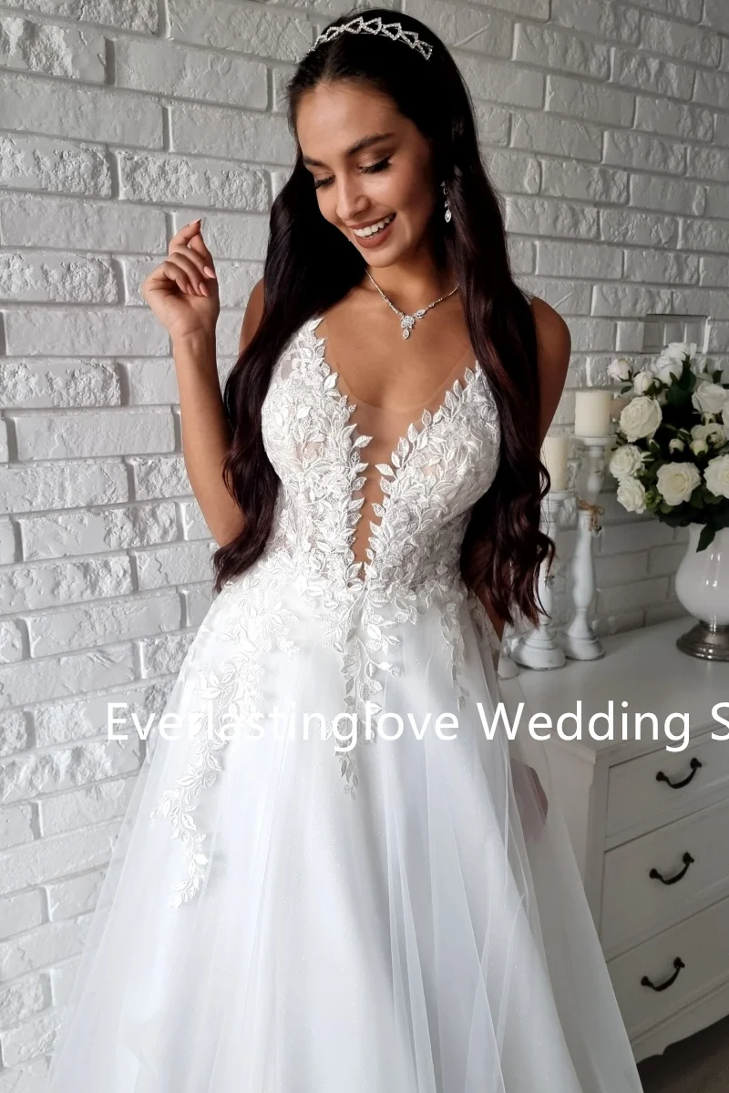 Affascinanti abiti da sposa con scollo a V in pizzo con applicazioni da sposa Grown A Line Custom Made 2026 Vestido De Noival