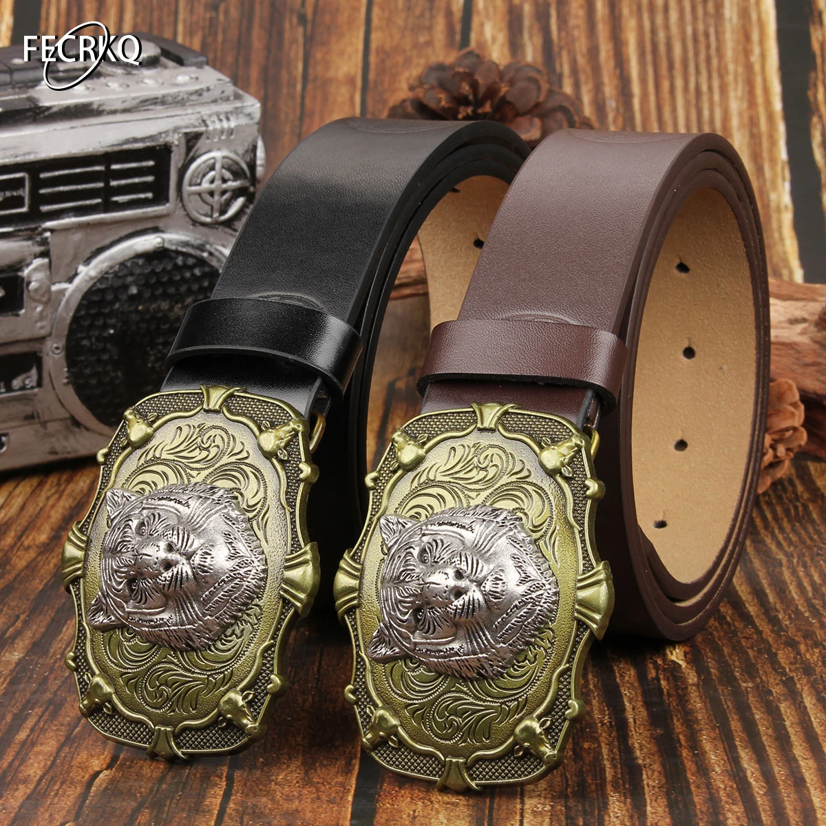 メンズ・レディースのカジュアルレトロベルト、ウエスタンスタイル！ タイガーヘッドメタルバックル付きPUベルト、日常の作業着に最適