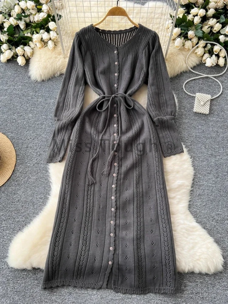 French Vintage Gothic Knitted Dress Women Autumn Solid Y2k Elegant Clothing New Aesthetic Lantern Sleeve Waist Long Dresses 2024