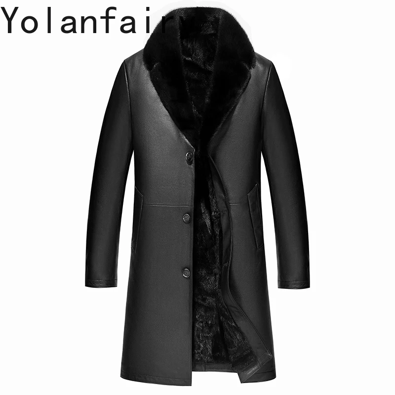 YOLANFAIRY 100% Genuine Goatskin Leather Jacket Men Winter High Quality Mink Fur Liner Coat Man Warm Mid-length Real Fur Coats