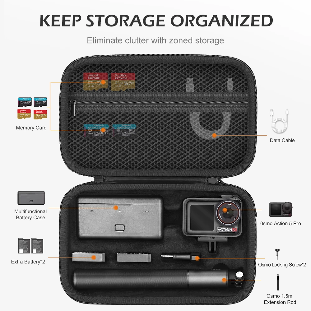 XFJI Carrying Case for DJI Osmo Action 5 Pro 4 3 Hard Bag Integrated Storage of Adapter Storage Box Handbag Camera Accessories