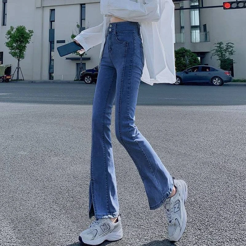 Women's High Waist Split Hem Flared Jeans Slim Fit Korean Style Denim Pants Spring Autumn New Petite Casual Trousers
