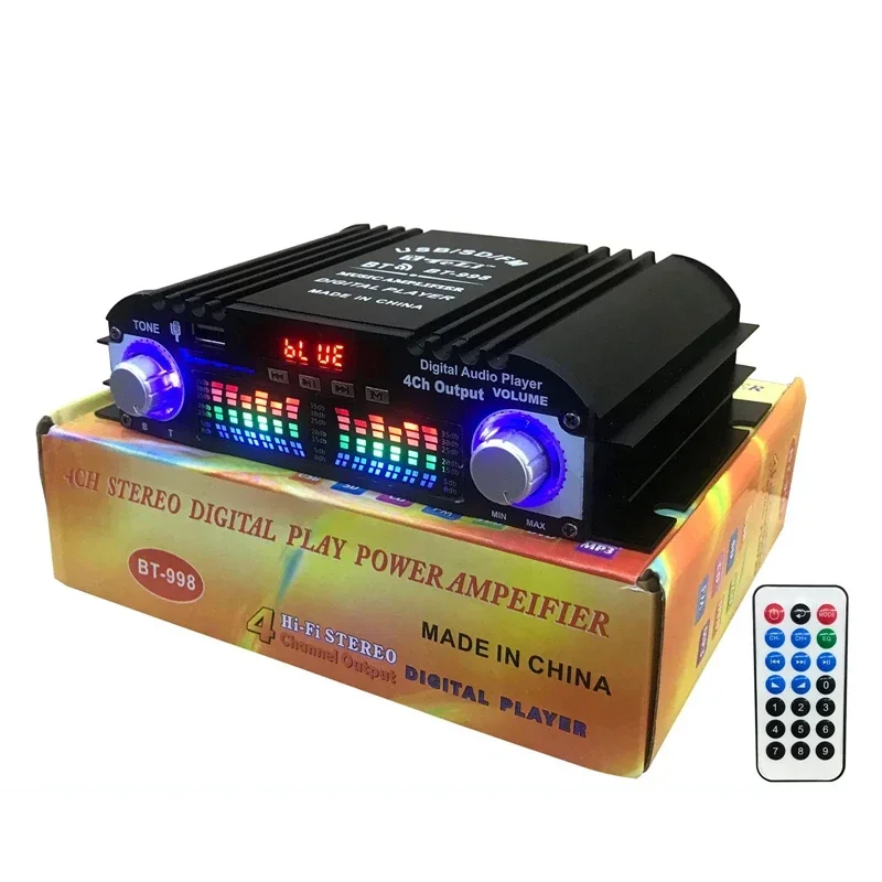 

BT-998 Hifi Audio Home Digital Amplifiers Car Audio Bass Power Bluetooth Amplifier FM USB SD Radio for Subwoofer Speakers DC12V