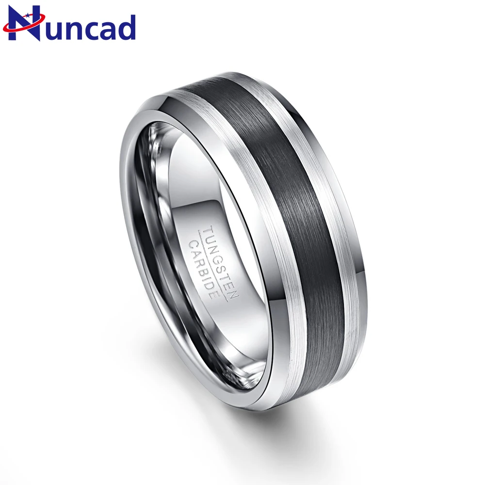 NUNCAD Tungsten Carbide Ring 8MM Men\'s Ring Brushed Finish and Black Center Beveled Edge Wedding Engagement Ring T020R