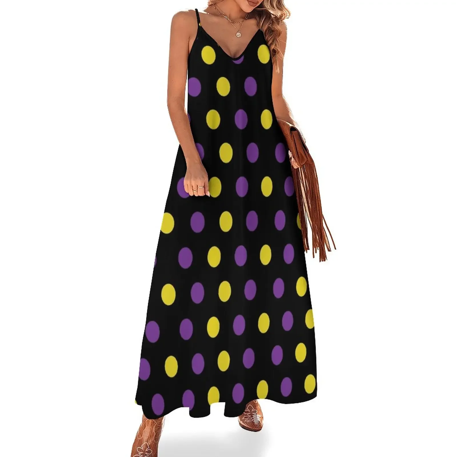 

Purple and Gold Polka Dots Circles Sleeveless Dress summer women's suit birthday dress Dresses