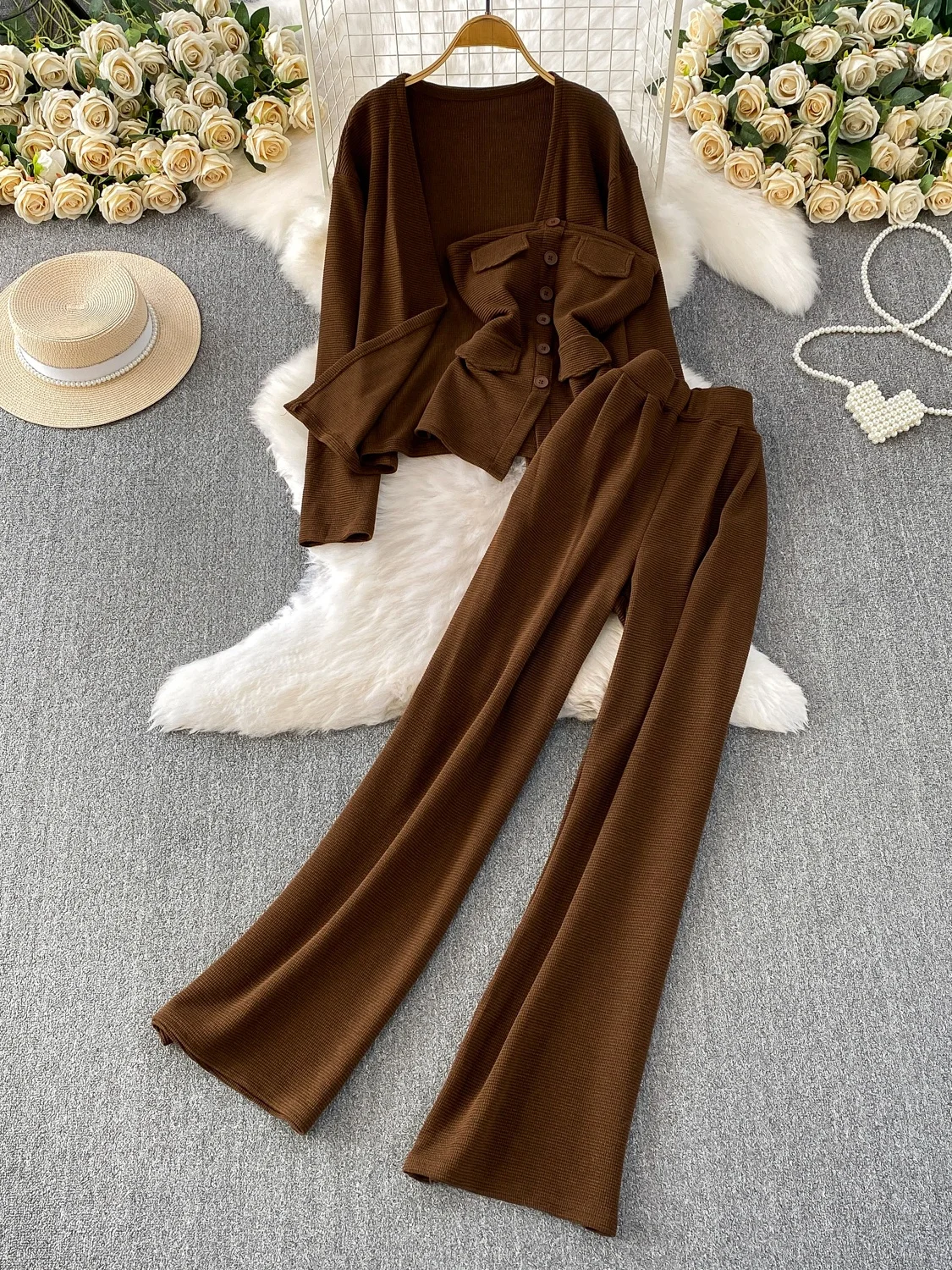 Ele Korean Drama Fem Lead Open Cardigan awl Casual High Waist Pants Tee Piece Set oulder Pad Crop Top Faion En...