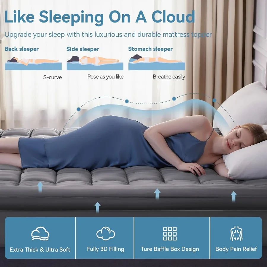 Topper de colchão de resfriamento extra grosso para alívio da dor nas costas com tecido respirável e bolso profundo de 821 polegadas ajuste 5D Snow Down Alter