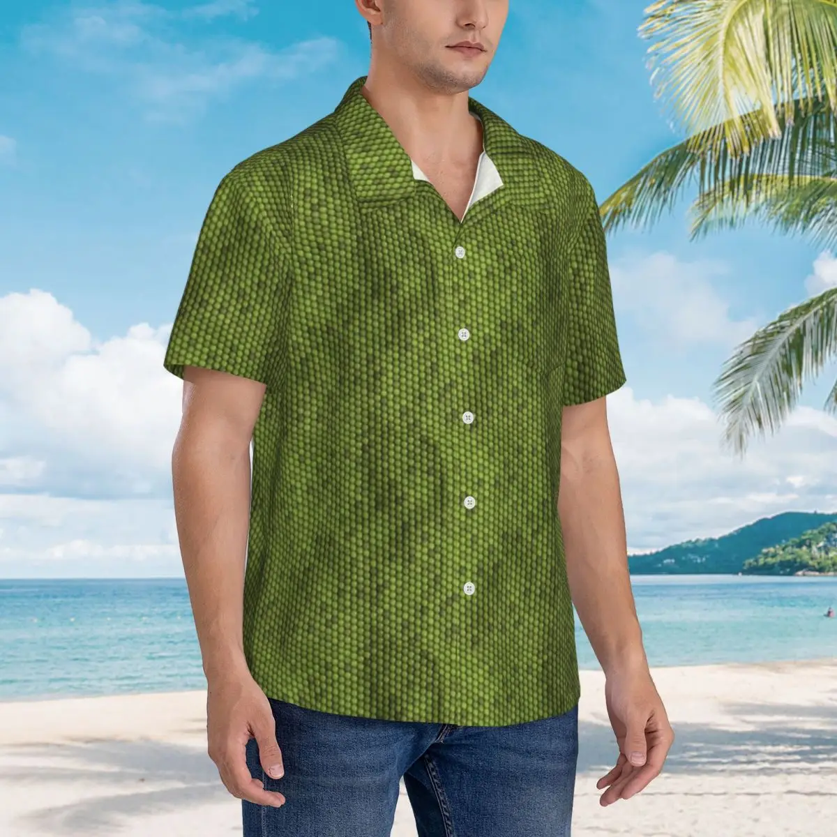 

Green Lizard Skin Pattern Design Hawaiian Shirts Casual Men Short Sleeve Shirt for Summer Beach Men's Lapel Tops