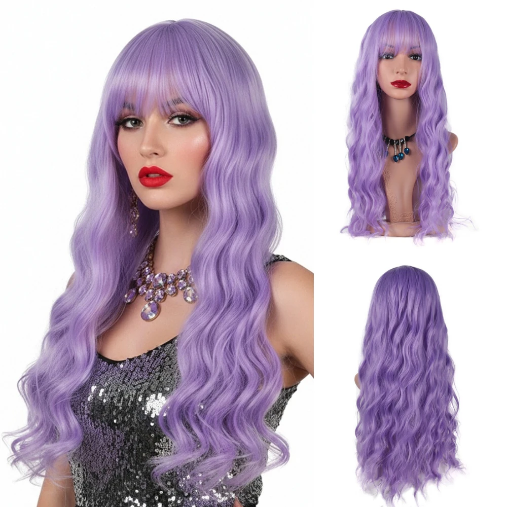

MSIWIGS Long Wavy Purple Lolita Style Synthetic Wig For Halloween Party Cosplay Daily Use With Bangs