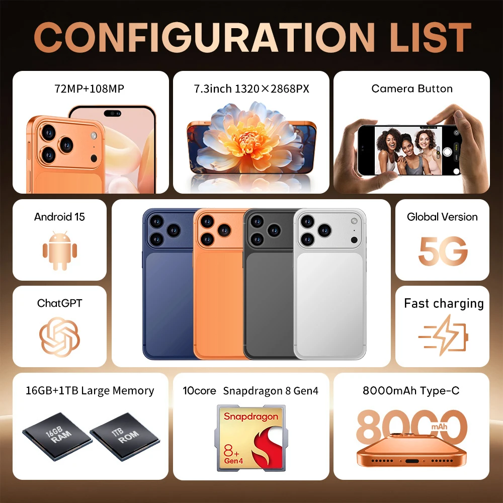 HOT  i17 Pro max 2026 New High Quality original intelligent 4G 5G dual card dual standby system global version 8000mAh battery