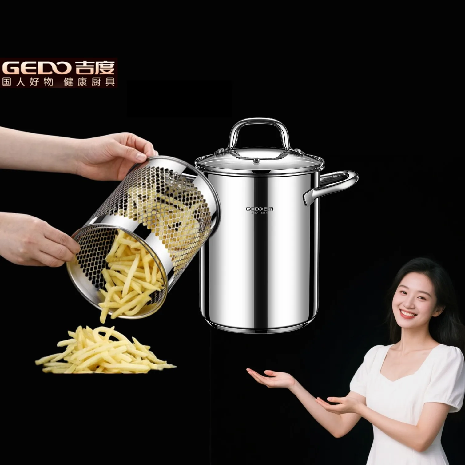 

GEDO Ultra Thick Chicken Deep Fryer Pure 304 Stainless Steel Frying Mini Pot for French Fries Noodle Stewing Pan with Glass Lid