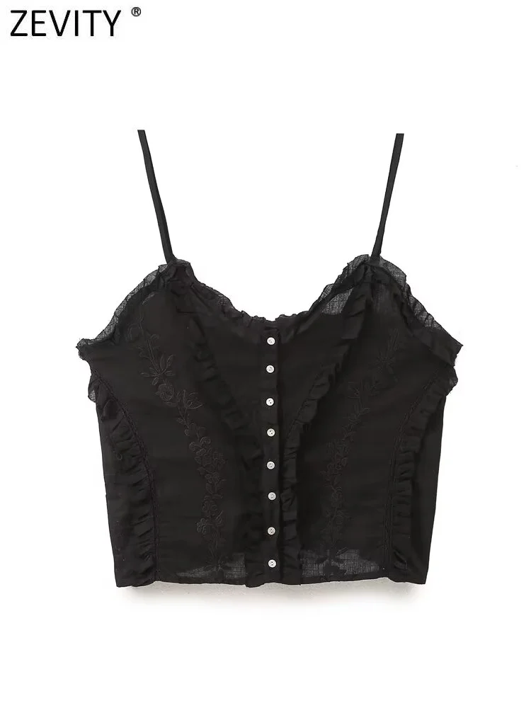 Zevity Women Sexy Lace Stitching Floral Embroidery Short Blouse Female Chic Single Breasted Sling Vest Shirt Blusas Tops LS6255