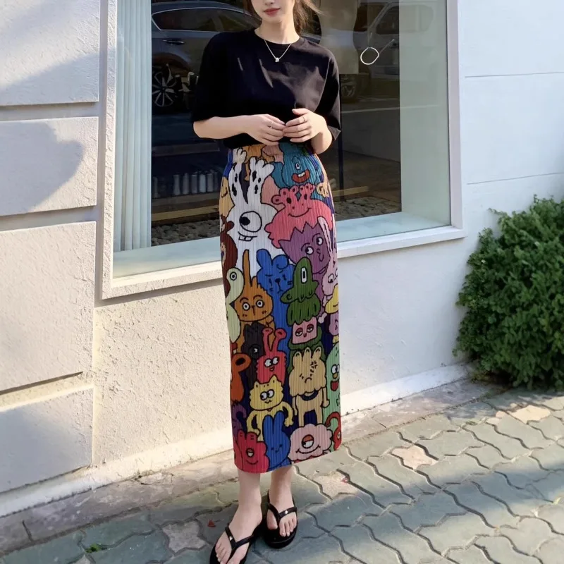 

Miyake Pleated Graffiti Print Skirt Fold Women 2026 Summer Thin High Waist Design Slim Fit Bodycon Slit One-Step Jupe Half Skirt