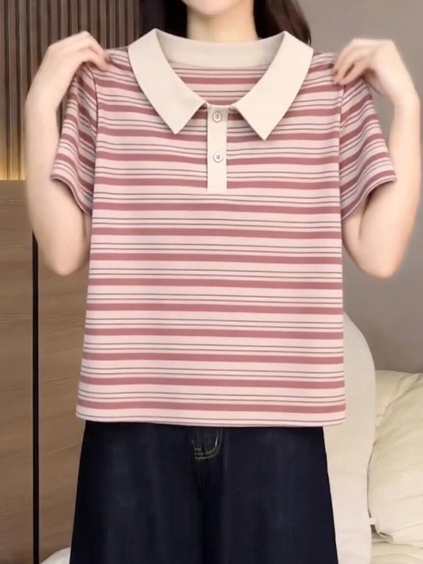 

Loose Short Sleeve T-Shirt Korean Style Lazy Color Block Collar Overhead Striped Top Summer Women's Fashion Casual Commute