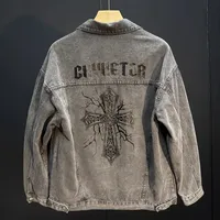 Retro American Denim Jacket for Men Loose Casual Collar Cross Print Autumn Winter Fashion Brand Loew Jacket Loose Fit Coat