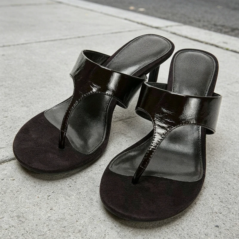 

Summer High-heeled Flip Flops Slippers Woman Concise Style Black PU Leather Slides Sandals Comfortable Walking Stiletto Heels