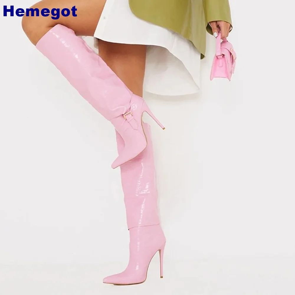 

Pointed Sexy Crocodile Pattern Boots 2024 Autumn Belt Buckle Street Catwalk Stilettos Black/pink Fashion Ladies Knee-High Boots