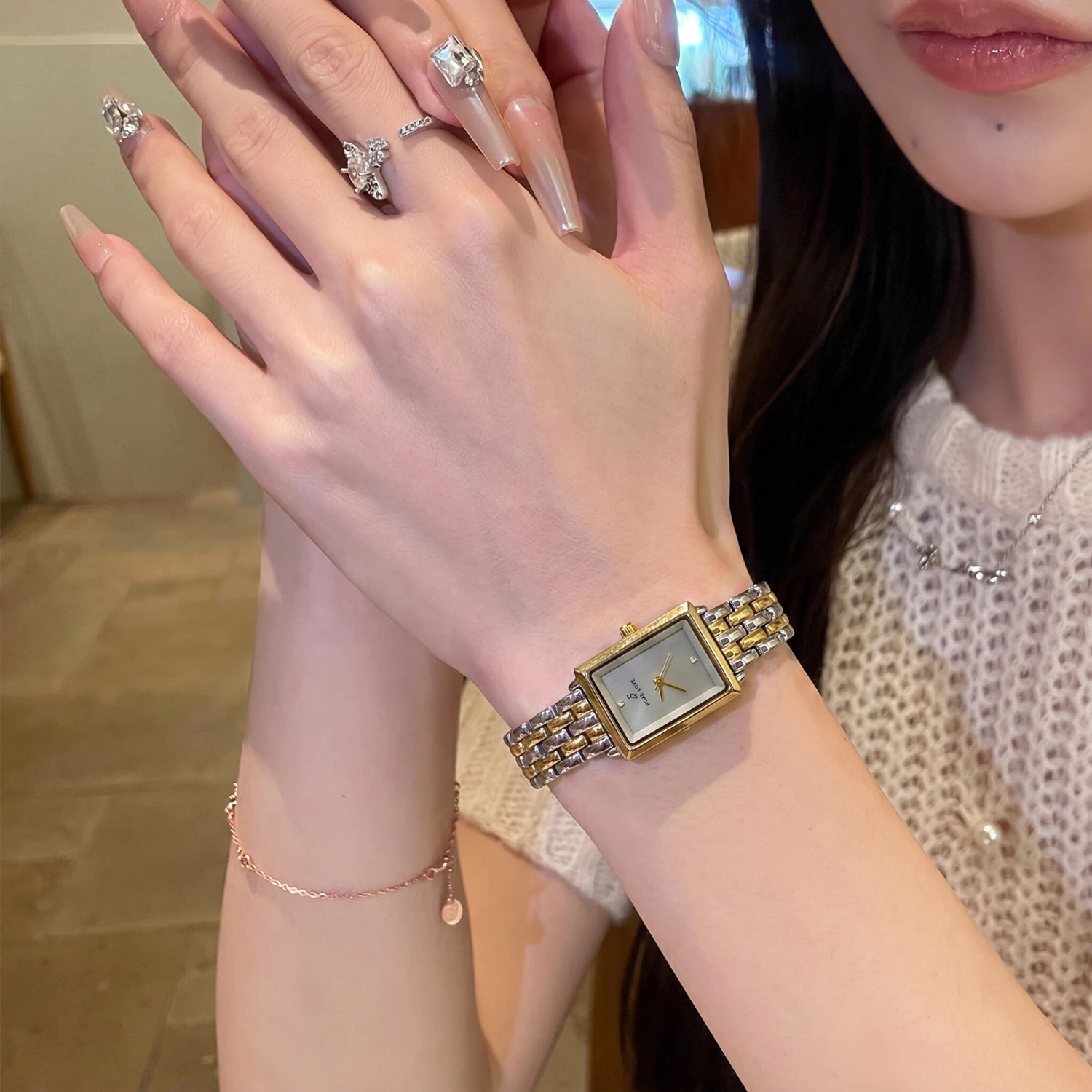 

CILOA Women's Two-Tone Gold Silver Rectangular Watch Minimalist Dial Stainless Steel Band Fashion Casual Quartz Wristwatch