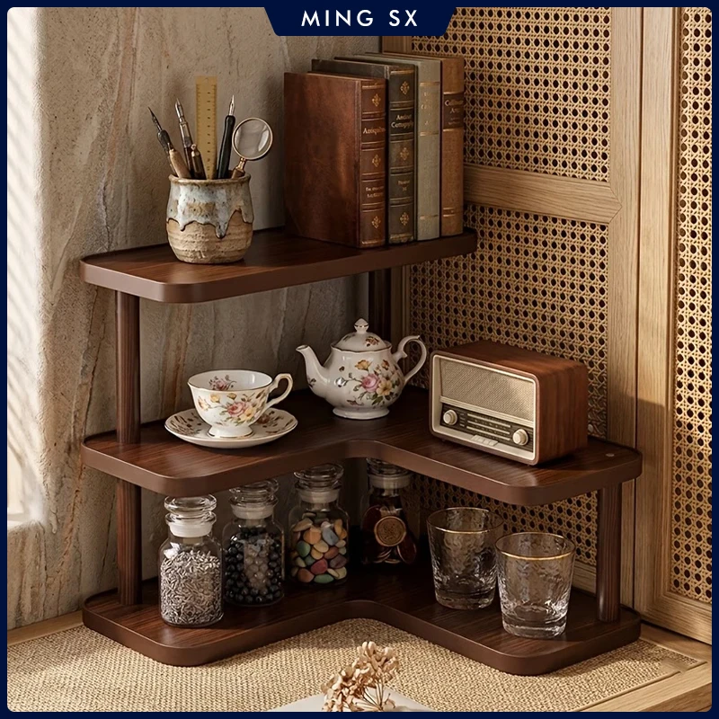 Wooden Corner Shelves Home Tea Room Cup Holder Study Finishing Display Rack Kitchen Multi-layer Storage Shelf Fridge Organizer