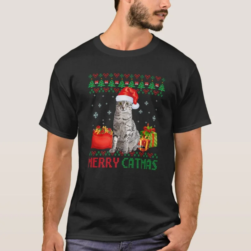 

Cat Lovers Merry Catmas Ugly Christmas Sweater Egyptian Mau Mom Dad T-Shirt 100% Cotton O-Neck Short Sleeve Casual Mens T-shirt