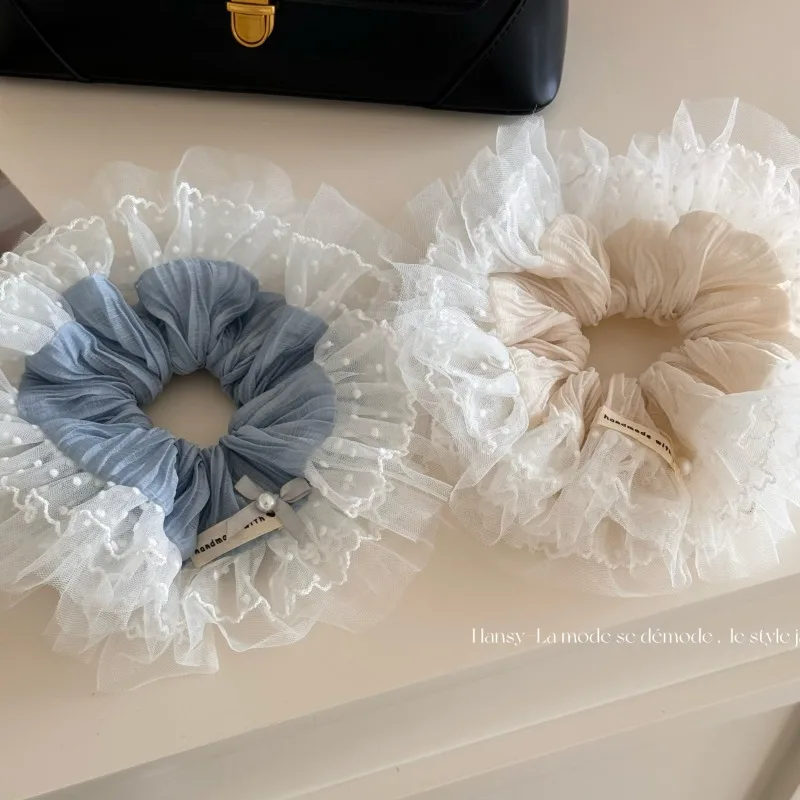 

Super beautiful polka dot white yarn pleated lace large intestine hair ring gentle lazy grab clip headgear accessories