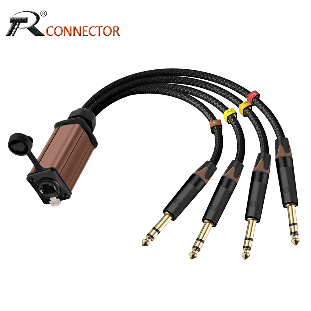1pc STP RJ45 CAT5/6 to 4 Channel 6.35/6.5mm 1/4 Inch TRS Plug Audio Cable Network Signal Extender Splitter for Guitar Amp Mixer