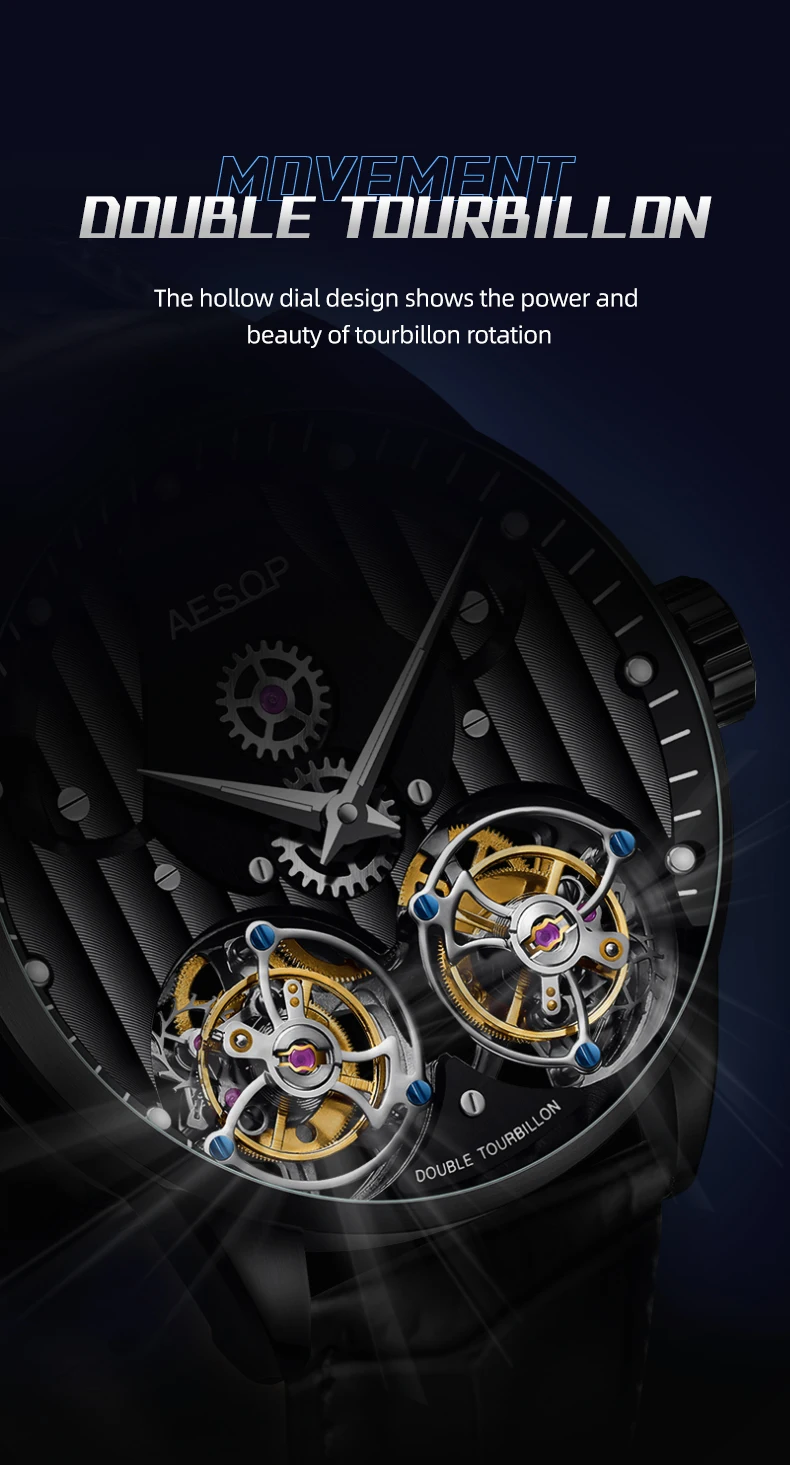 Ready Stock! AESOP（manual 7030G）Double Tourbillon Mechanical Watch Men Skeleton Luminous Waterproof Business Wristwatch