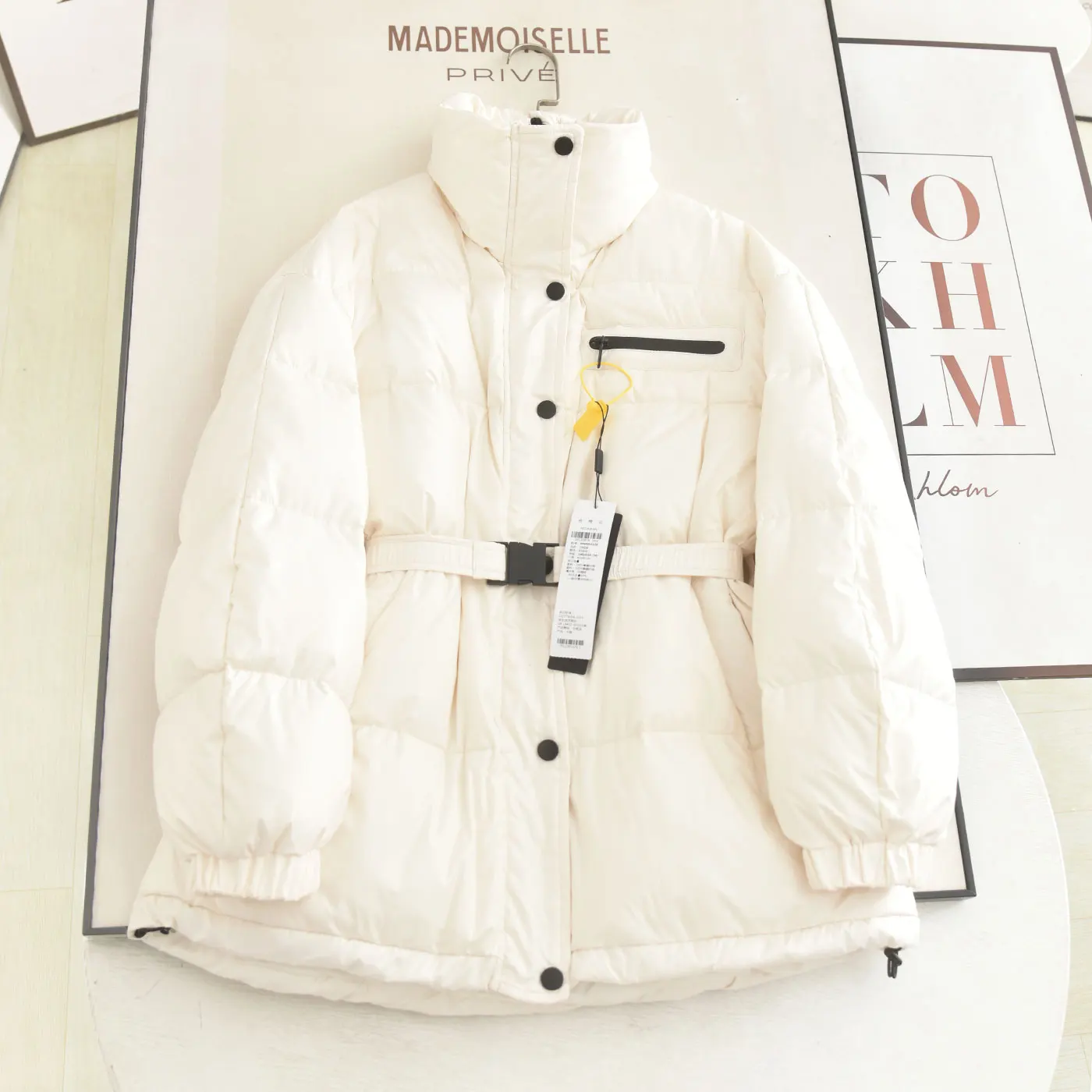 

Ele White down Jaet Women's Commute Sle Waist-Cinching Stand Collar Padded Coat Long Sve Warm Thiened Outerwear