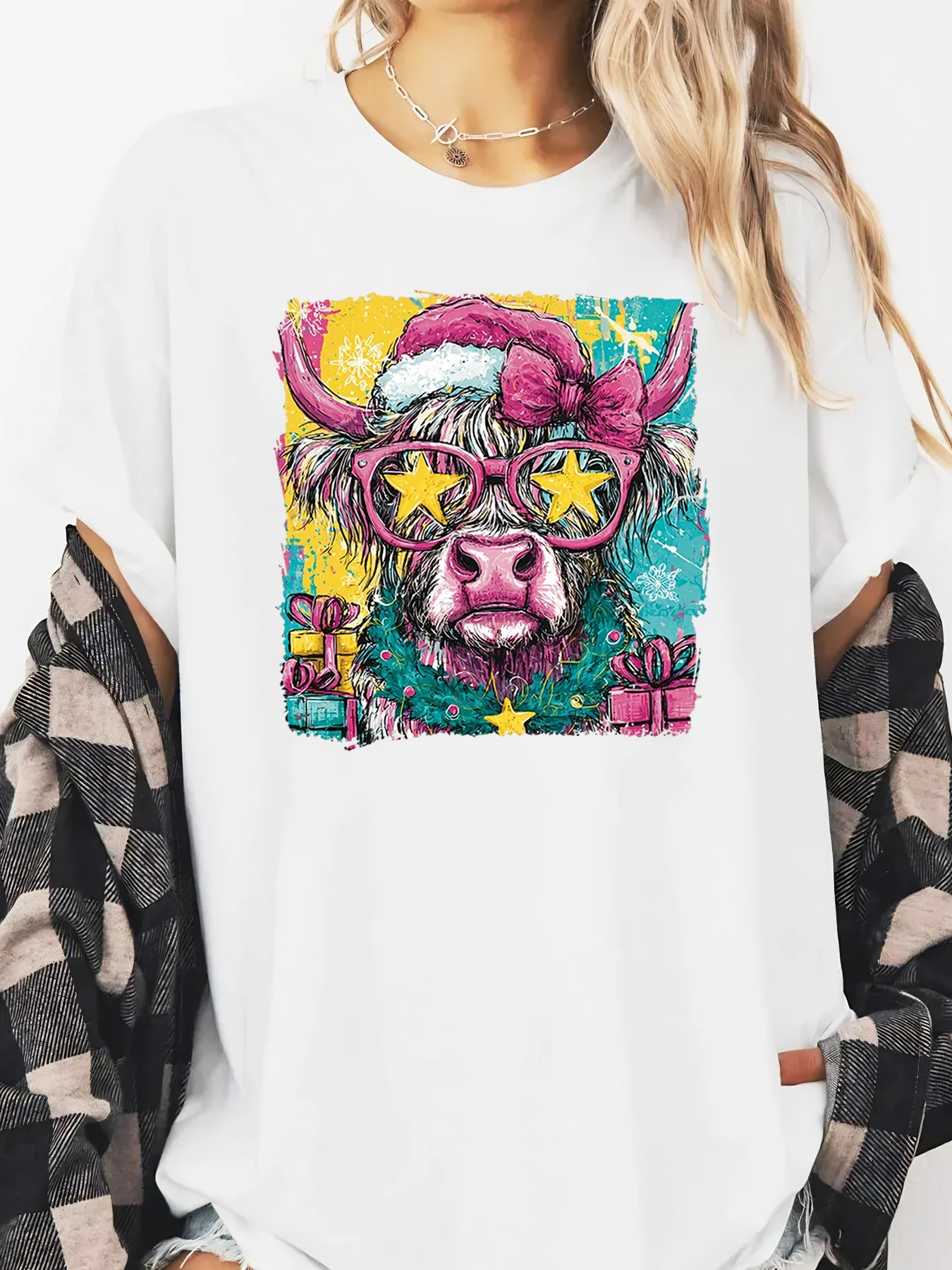 

Christmas Bull With Santa Hat And Star Glasses Print Holiday Long Sleeve T-Shirt Women Casual Wear White Plus-size