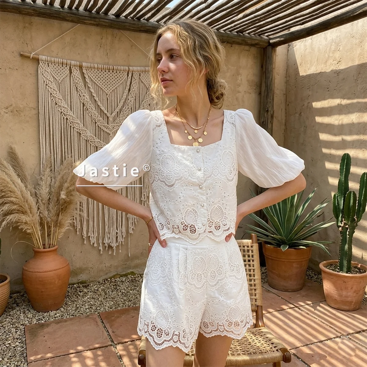 

2026 French Chic White Lace 2 Piece Set Women Summer Square Neck Embroidery Crop Top And High Waist Shorts Beach Vacation Outfit