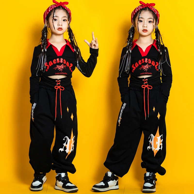 Vestiti da ballo Jazz per ragazze maniche lunghe top neri pantaloni per bambini Costume Hip Hop Kpop Stage Wear tuta da spettacolo di gruppo BL9845