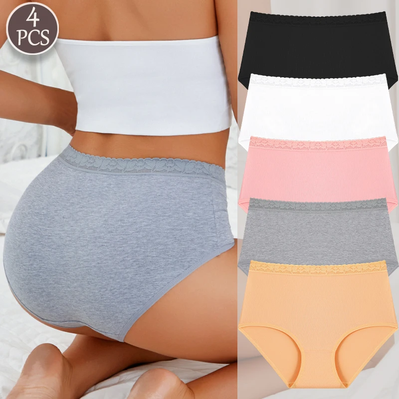 FINETOO 4-teiliges Damen Baumwoll-Spitzen-Blumen-Slip-Set Nahtlose Hochtaillierte Elastische Atmungsaktive Unterwäsche Einfarbige Lingerie