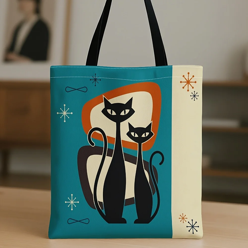1pc Mid-Century Modern Retro Printed Tote Bag Black Cat Atomic Geometric Reusable, Stylish Shoulder Bag/Handbag/Shopping Bag