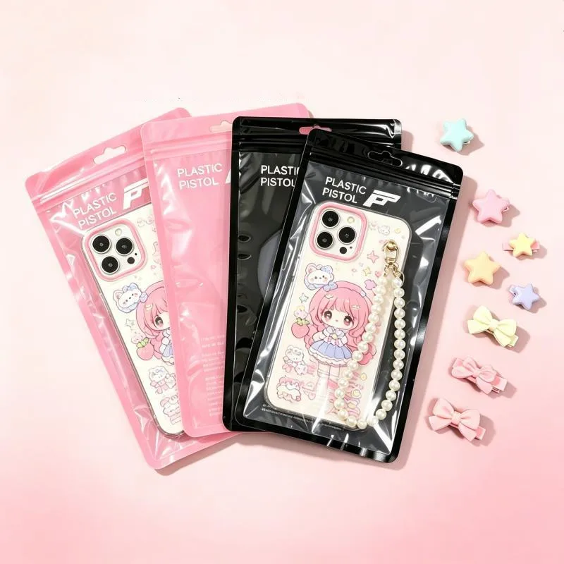 1000Pcs/Lot Pink Black 12*21cm Plastic Cell Phone Case Bags Mobile Phone Shell Packaging Zipper Pack Wholesale