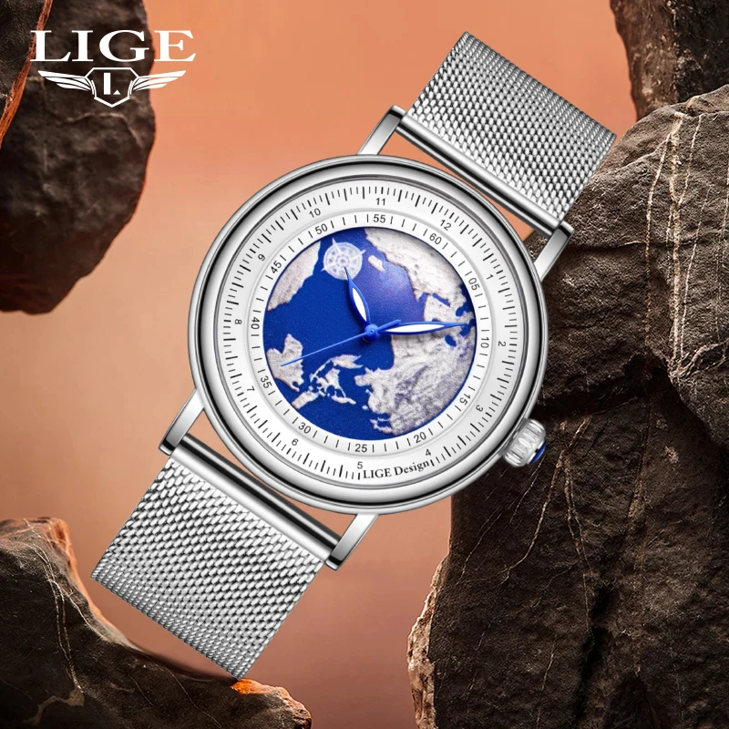 LIGE Top Brand Luxury Quartz Watch Ultra Thin Mesh Strap Watch Men Blue Planet Creative Earth Waterproof Casual Sports Man Clock