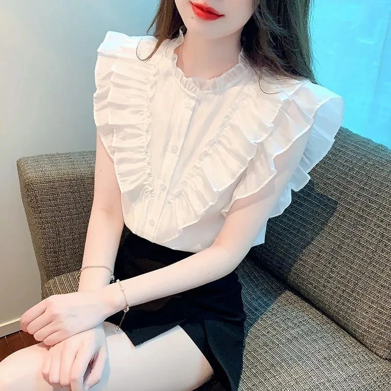 

Summer New White Flying Sleeve Casual Blouse Women Elegant Slim Fit Chiffon Shirt for Women Fashoin Solid Office Lady Tops