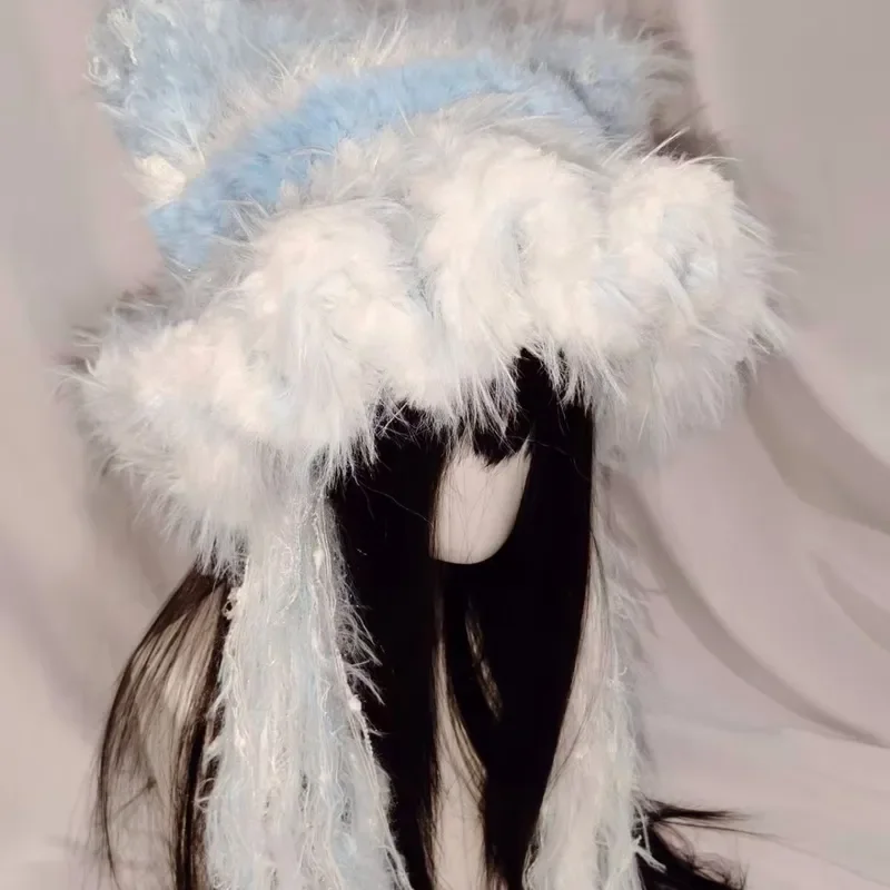 Hand Woven Cat Ear Hat Blue White Mixed Thread Jellyfish Edge Dopamine Style Cute Knit Beanie Warm Winter Cap for Women Girls