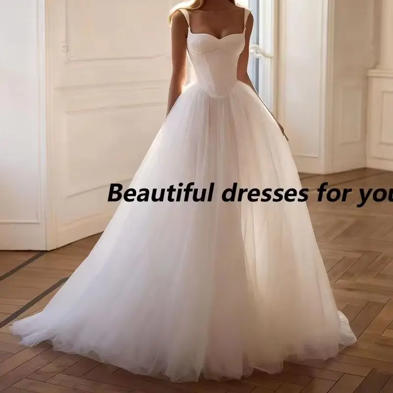 

Sweetheart Neck Wedding Dress Customized Spaghetti Straps A-Line Splic Bridal Gown Lace-Up Back Sweep Train Gown for Bride