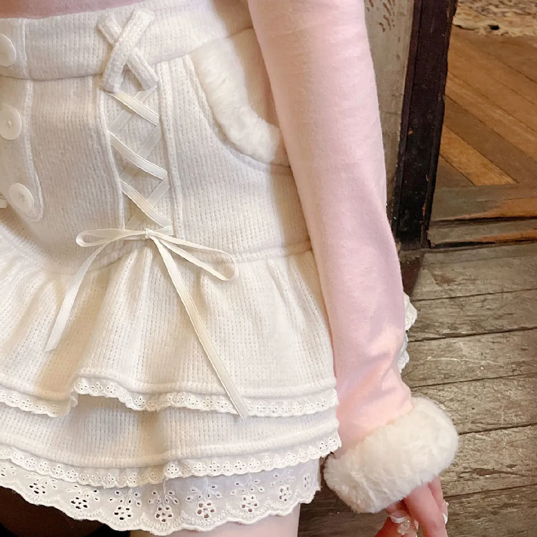 Japanese lolita kawaii clothes pink mini skirt with shorts Lace High Waist korean style women 2024 new fall White skirt fluffy