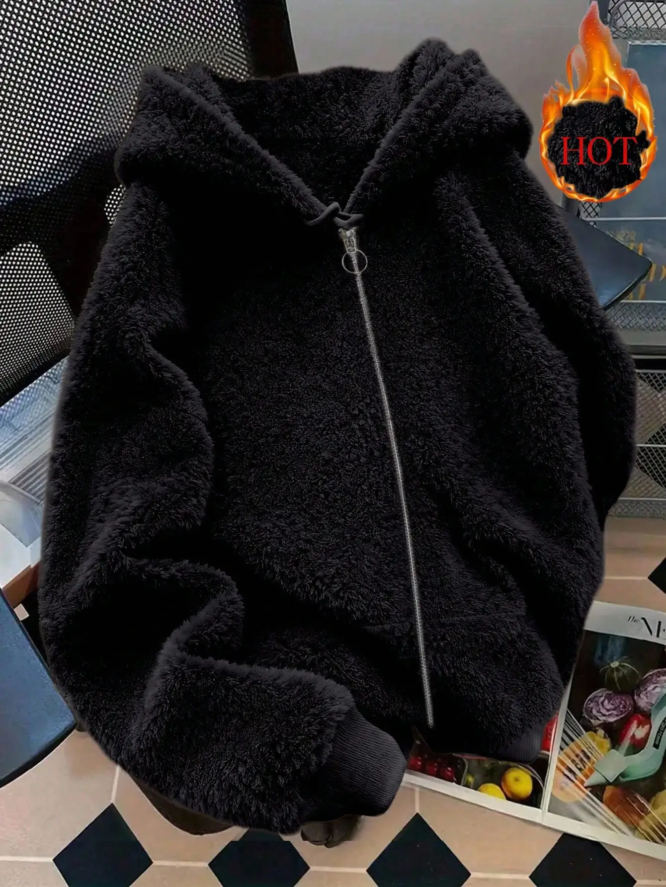 

Женская черная толстовка с капюшоном на молнии, уютная зимняя теплая толстая плюшевая куртка с капюшоном