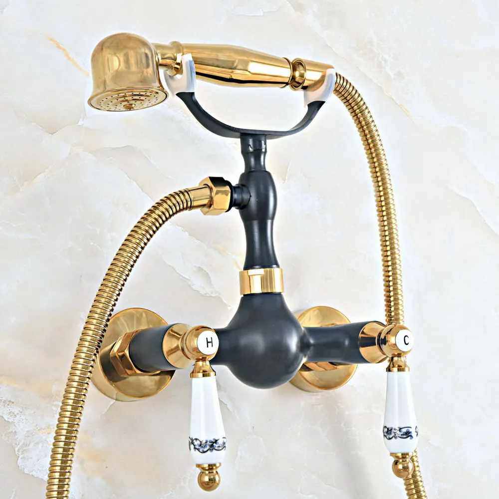 

Black Oil Rubbed & Gold Brass Wall Mount Bathtub Faucet with Handheld Shower Set +1500MM Hose Mixer Tap 2na427