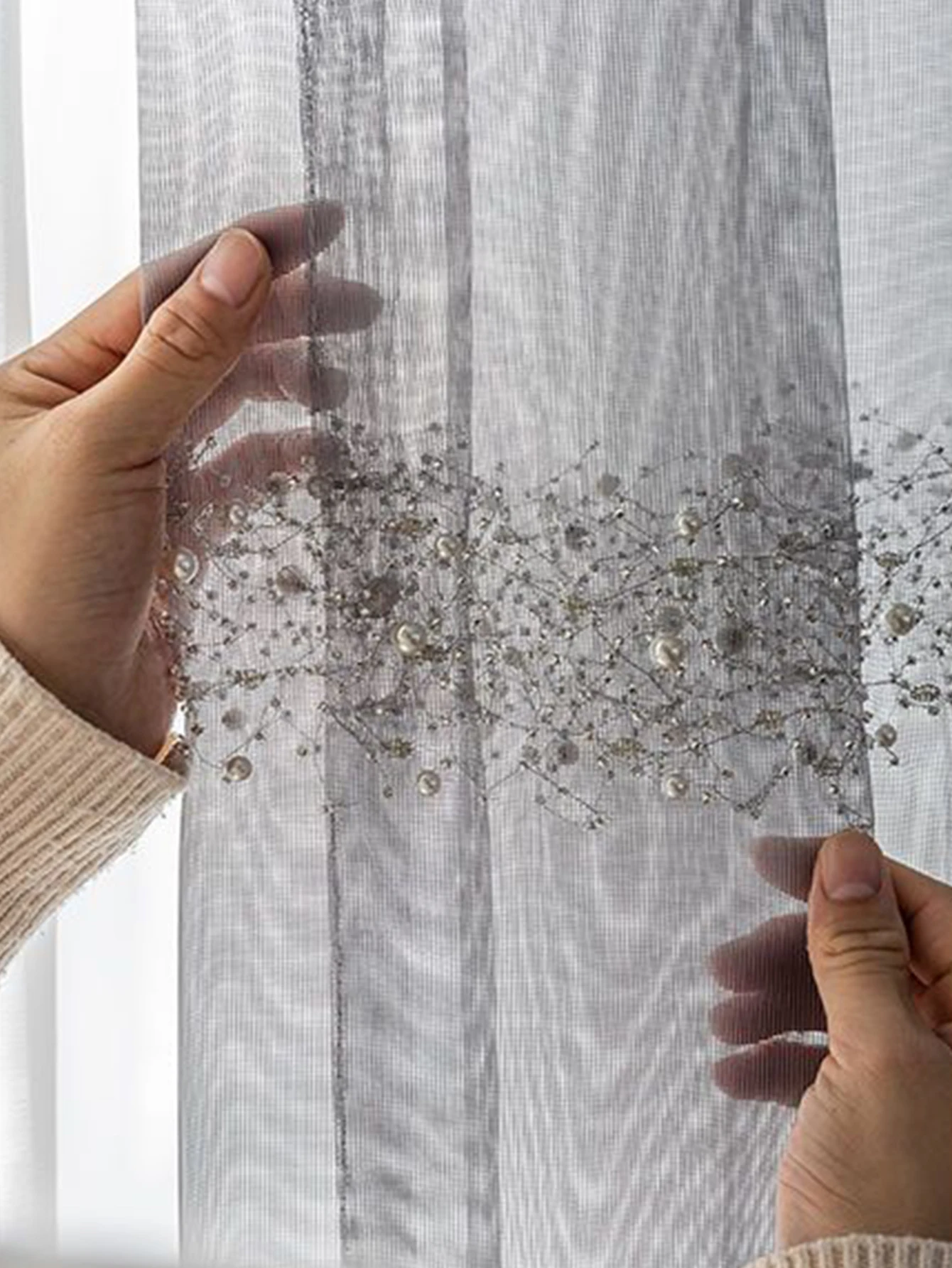 Faux Pearl Decor Sheer Panel Curtain, Polyester Light Filtering Privacy Sheer Curtain For Bedroom, Living Room, All Season