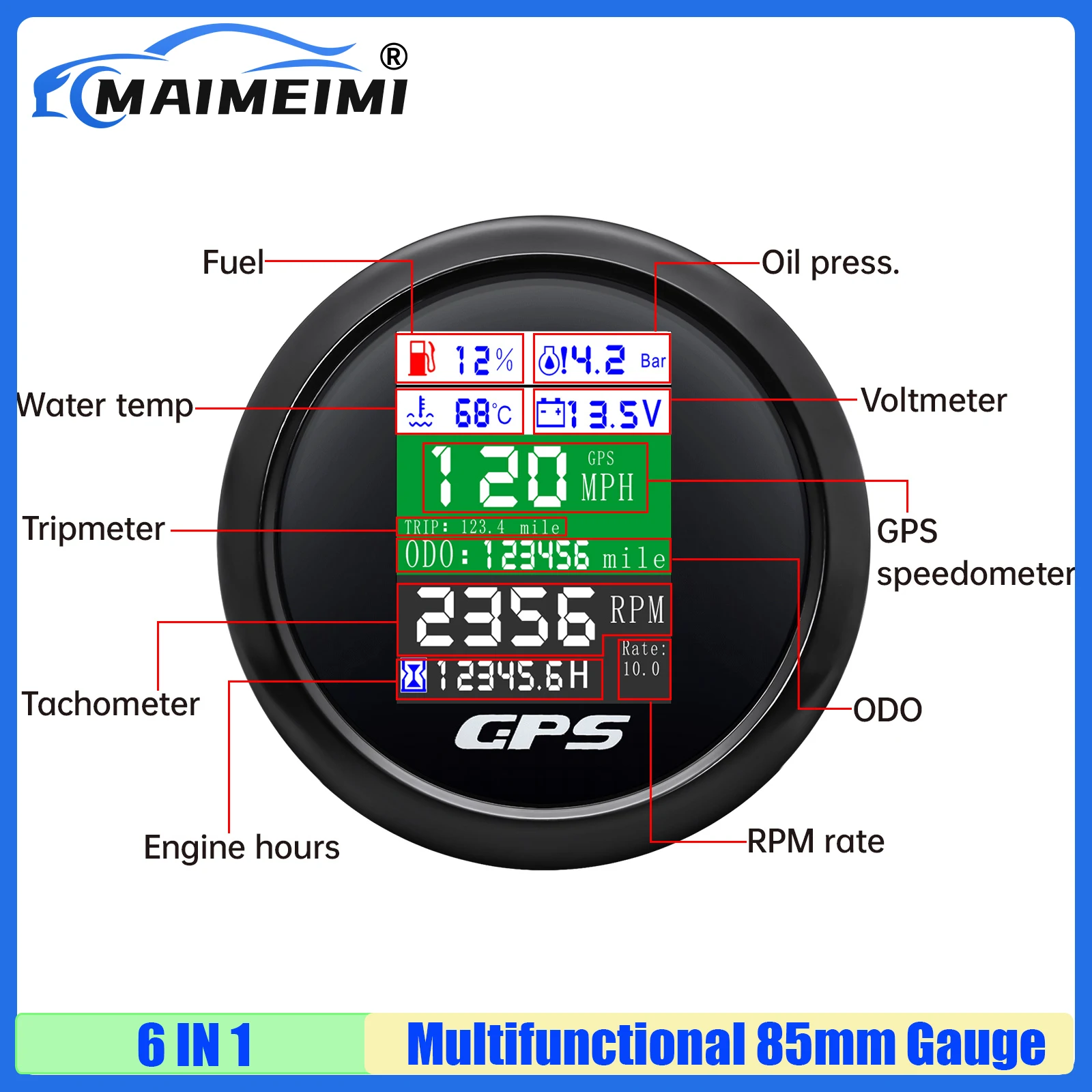

MAIMEIMI Multifunctional 6IN1 Digital 85mm Gauge GPS Speedometer+Tachometer+Fuel Level+Oil Pressure+Water Temp+Voltage Car Boat