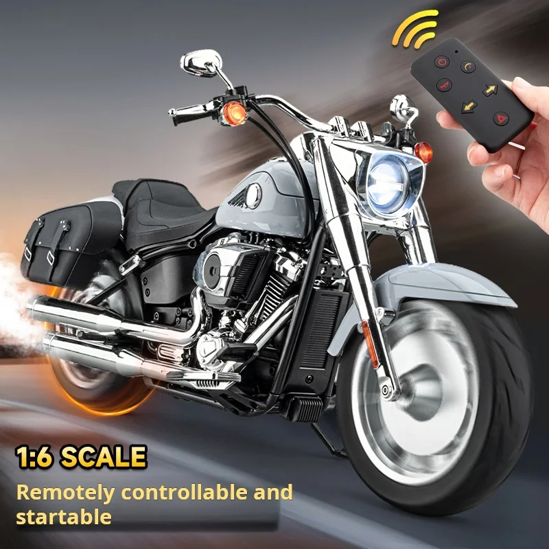 

1:6 Harley Fat Boy Retro Heavy Motorcycle Diecast Alloy Simulated Remote Control Ignition & Spray Effect Toy Model Collect Light