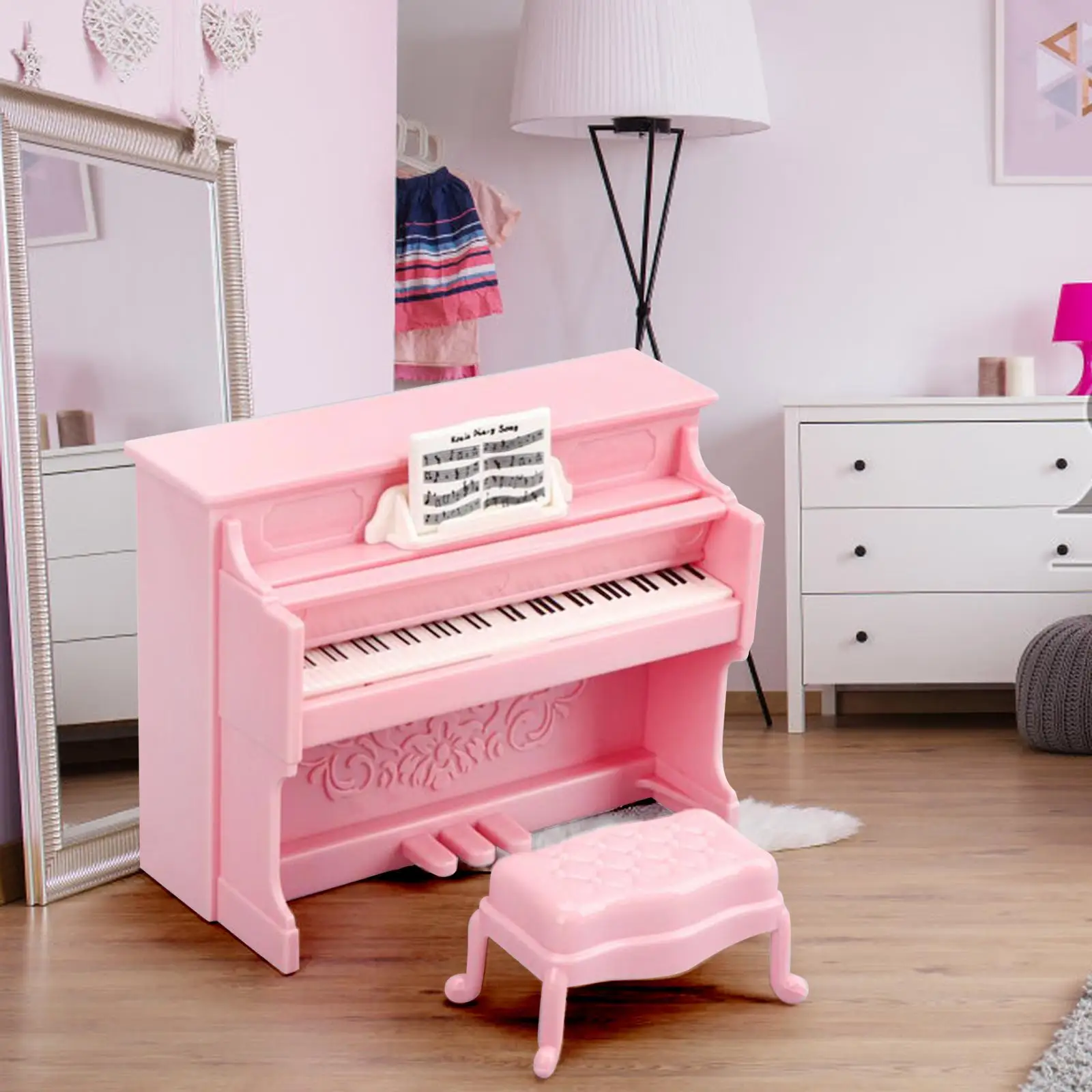 Piano en miniatura con taburete, accesorio de decoración, casa de muñecas de simulación simulada