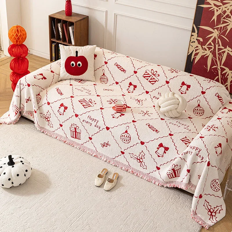 Happy New Year Red Printed Sofa Towel Autumn and Winter Full Cover Couch Cushion for Christmas Cozy Anti Cat Scratch Dust Cover