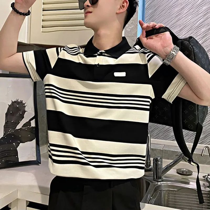 Summer New Men's Fashion Trendy Loose Young Style Contrast Color Button Turn-down Collar Short Sleeve Striped T-shirt Tops